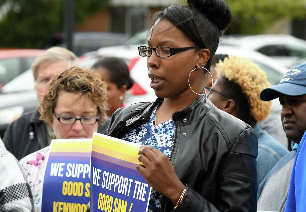Teneisha Addison, who has worked at Bethlehem Commons as a Certified Nursing Assistant for six years, speaks during a rally outside the care facility on Friday, Oct. 4, 2019, in Delmar, N.Y. Workers at the Lutheran Care Network run facility were recently notified that their health benefits will be terminated. (Will Waldron/Times Union)