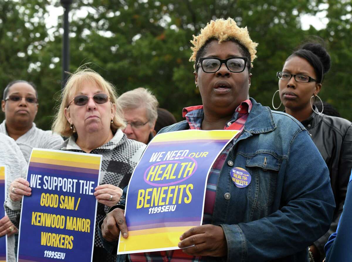 Cathy Brown, who has worked at Bethlehem Commons for 15 years, speaks during a rally outside the care facility on Friday, Oct. 4, 2019, in Delmar, N.Y. Workers at the Lutheran Care Network run facility were recently notified that their health benefits will be terminated. (Will Waldron/Times Union)