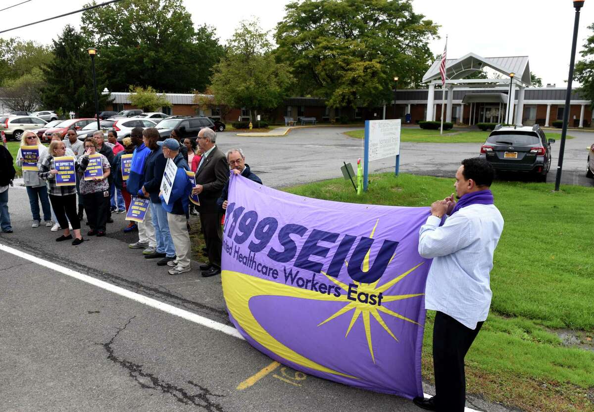 The nation's largest health care labor union, 1199SEIU, launched a nursing home reform campaign on Monday, Feb. 8, 2021. Health care workers and labor advocates rally outside Lutheran Care?•s Bethlehem Commons nursing home, where employees were recently notified that their health benefits will be terminated on Friday, Oct. 4, 2019, in Delmar, N.Y. (Will Waldron/Times Union)