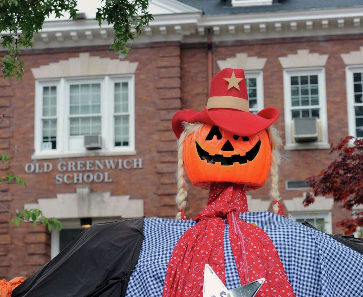 A pumpkin-head cowgirl can be seen in front of the Old Greenwich School the Old Greenwich section of Greenwich in 2016. The Old Greenwich School annual Pumpkin Patch, the school’s largest fundraising event of the year, returns October 19.