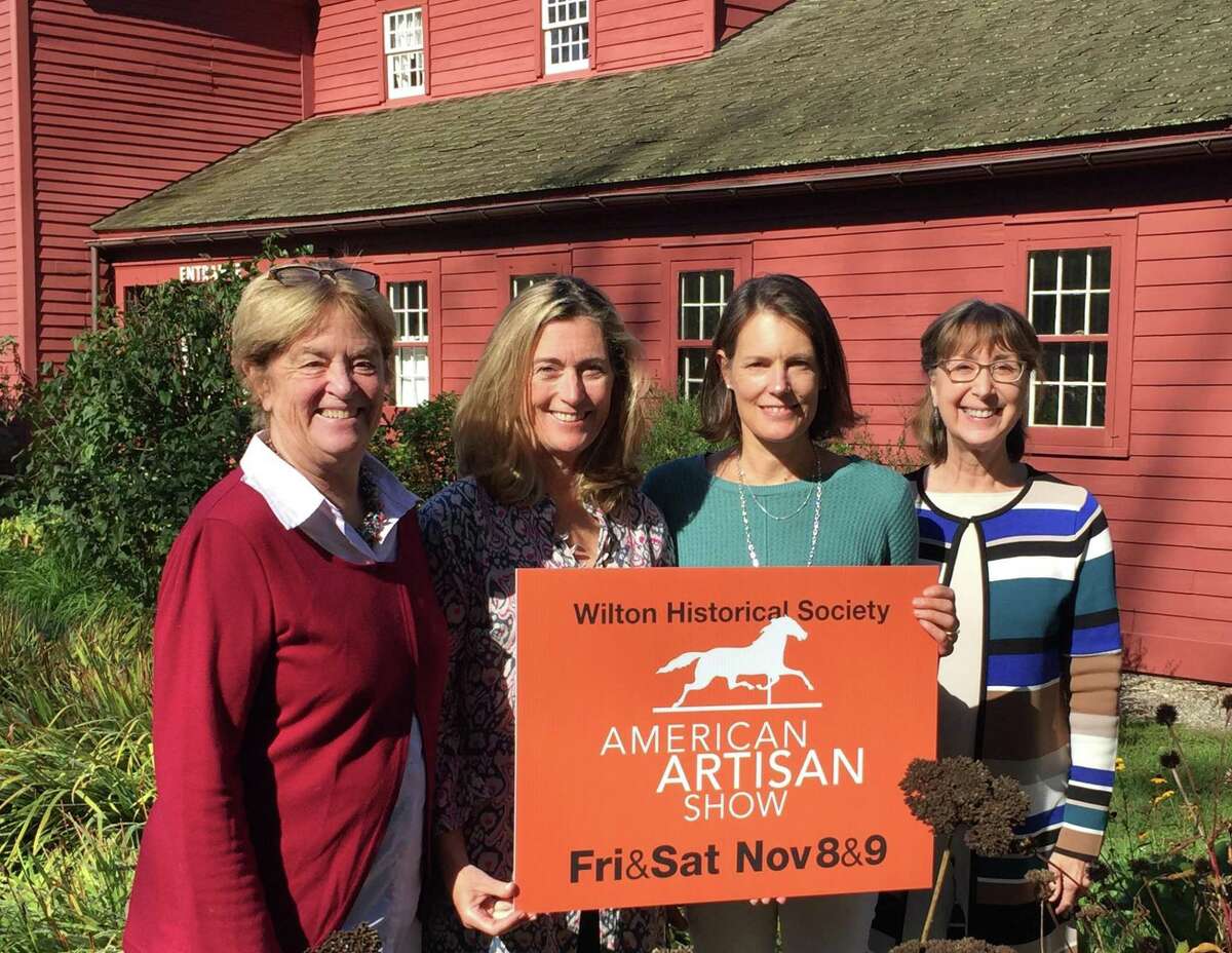 Preparing for the American Artisan Show at Wilton Historical Society are, from left, Chair Judy Higby, Party Chair Katy Williams and historical society Co-Directors Kim Mellin and Allison Sanders.