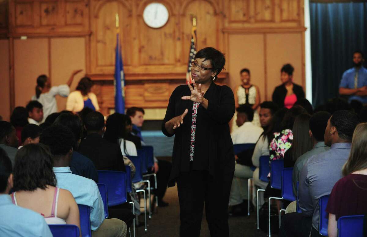 The Mayor's Summer Youth Employment Program (SYEP) Coordinator Darlene Young addresses participants in the Norwalk’s 2017 Youth Summer Jobs Program as they prepare to graduate from their four day training course Friday, June 23, 2017, during a ceremony in the City Hall Community Room in Norwalk, Conn. Participants will begin their employment through the program at 50 workplaces June 26.