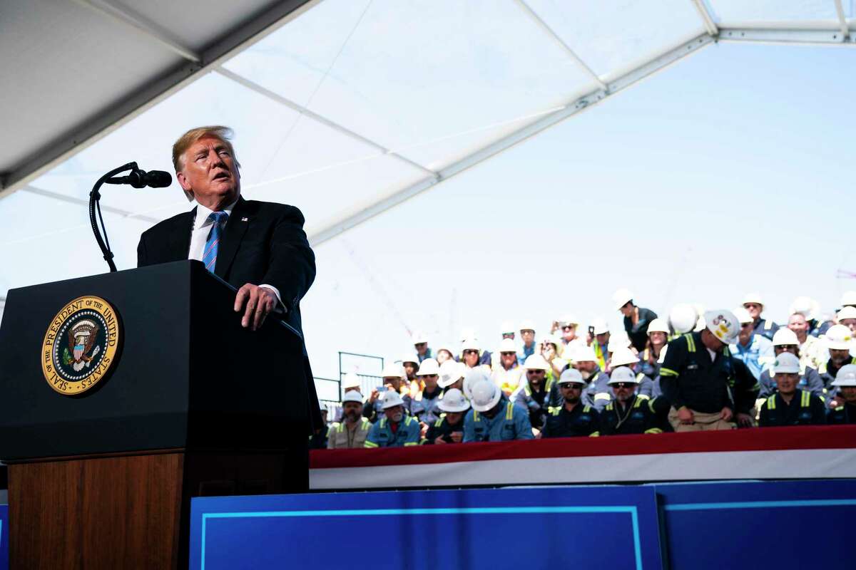 President Donald Trump speaks at Cameron LNG’s liquefied natural gas terminal in Hackberry, La., May 14, 2019. Trump claimed credit for an energy revolution that he said was largely accomplished by demolishing burdensome regulations and unleashing the potential of the energy industry. (Doug Mills/The New York Times)