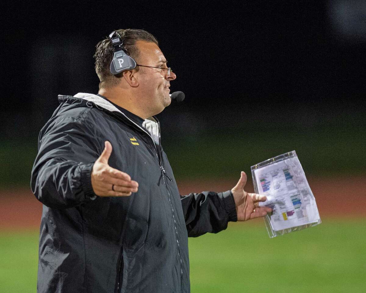 Troy head coach Bob Burns doesnat like the call during a game against Averill Park at Averill Park High School on Friday, Oct. 5, 2019 (Jim Franco/Special to the Times Union.)