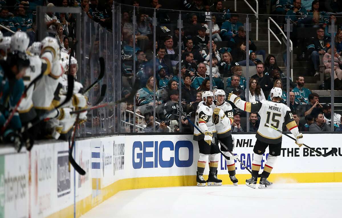 SAN JOSE, CALIFORNIA - OCTOBER 04: Tomas Nosek #92 of the Vegas Golden Knights is congratulated by Brandon Pirri #73 and Jon Merrill #15 after he scored in the second period against the San Jose Sharks at SAP Center on October 04, 2019 in San Jose, California. (Photo by Ezra Shaw/Getty Images)