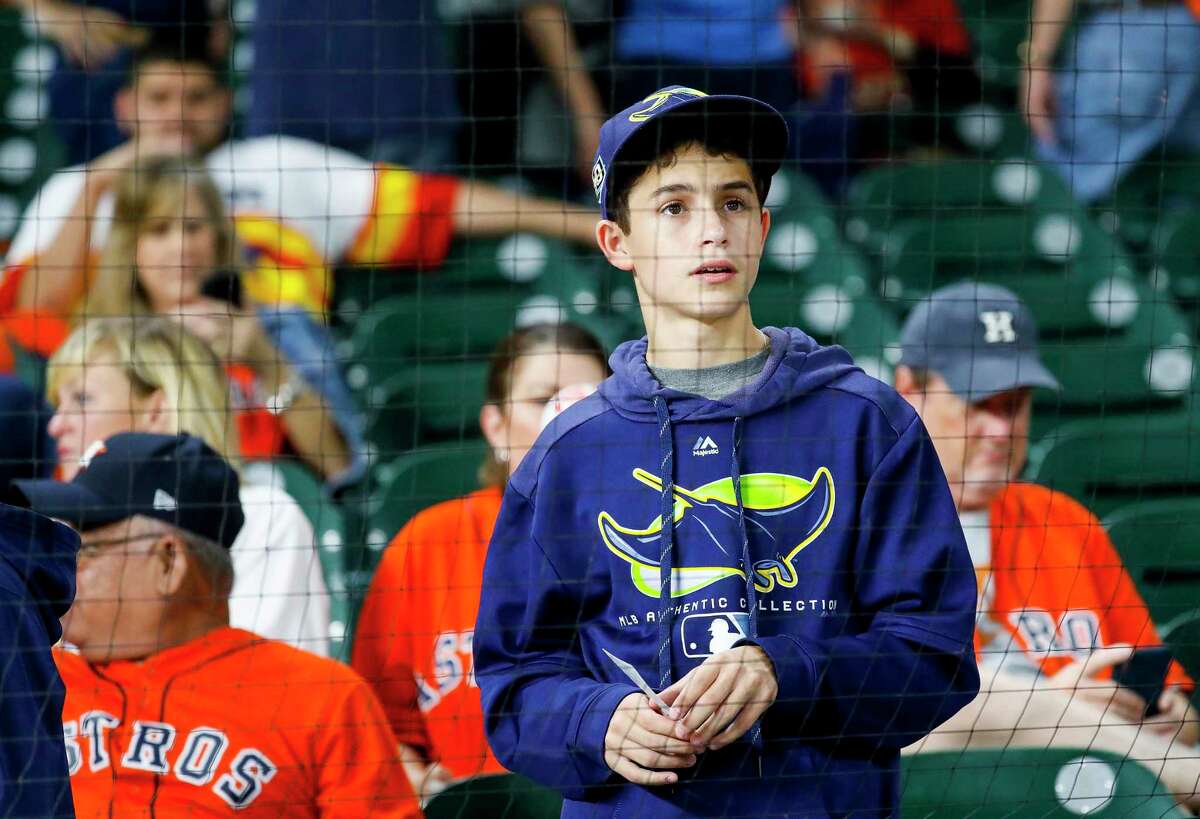 Rays fans watching batting practice before Game 2 of the American League Division Series at Minute Maid Park on Saturday, Oct. 5, 2019, in Houston.