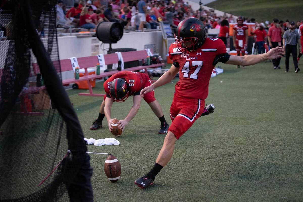 Lamar’s Bailey Giffen practices on the sideline against ACU at Provost Umphrey Stadium.