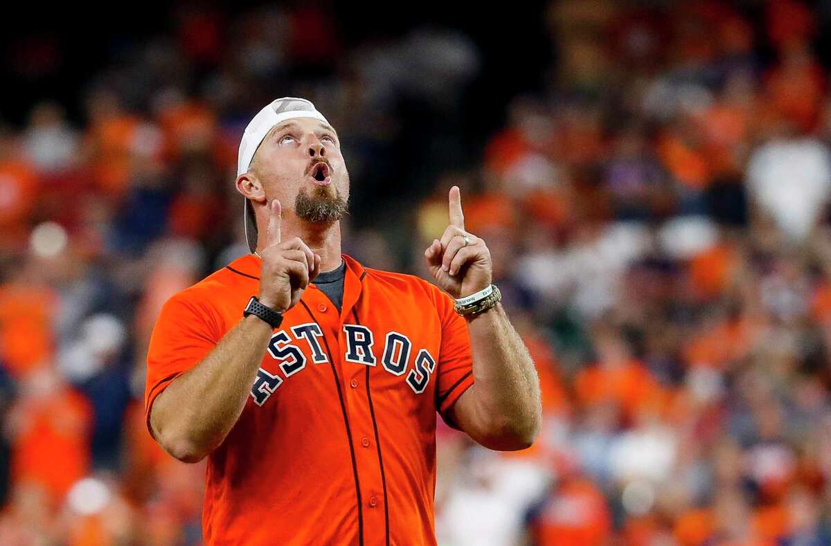 Former Astros player Billy Wagner celebrates after throwing out the ceremonial first pitch before Game 2 of the American League Division Series at Minute Maid Park on Saturday, Oct. 5, 2019, in Houston.