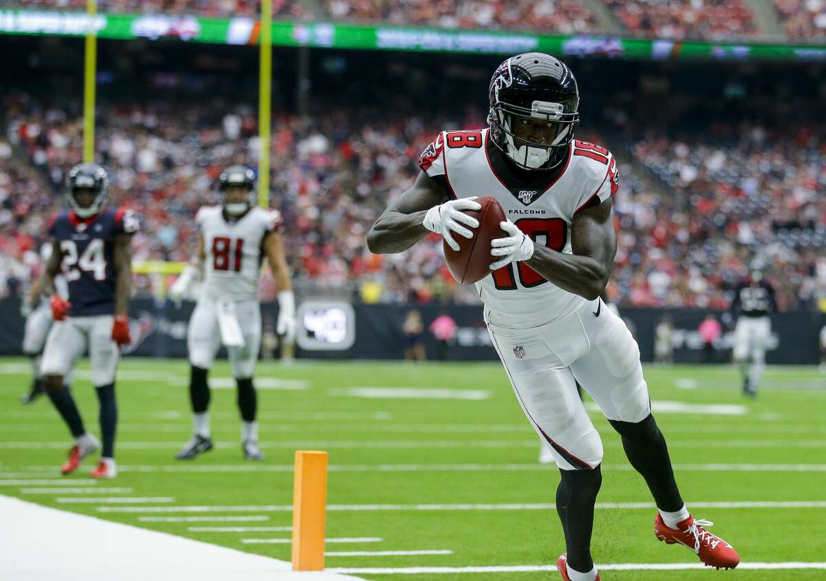 Atlanta Falcons wide receiver Calvin Ridley, making a catch against the Texans in 2019, has been suspended for the 2022 season for betting on NFL games last year.