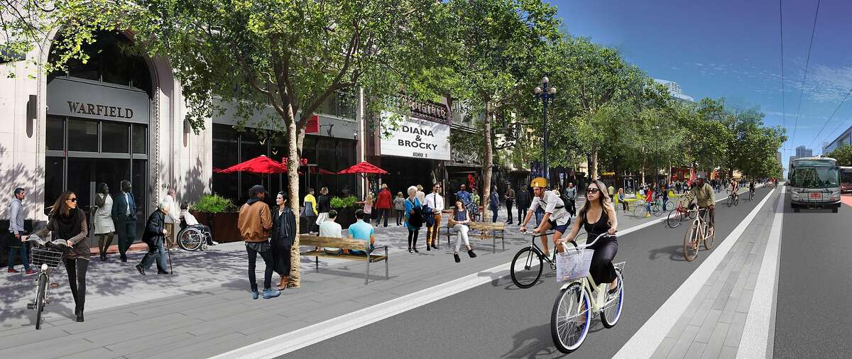 A rendering that shows the plan for a redesigned Market Street east of Van Ness Avenue in San Francisco -- with red bricks replaced by gray pavers and new sidewalk-level bicycle lanes.