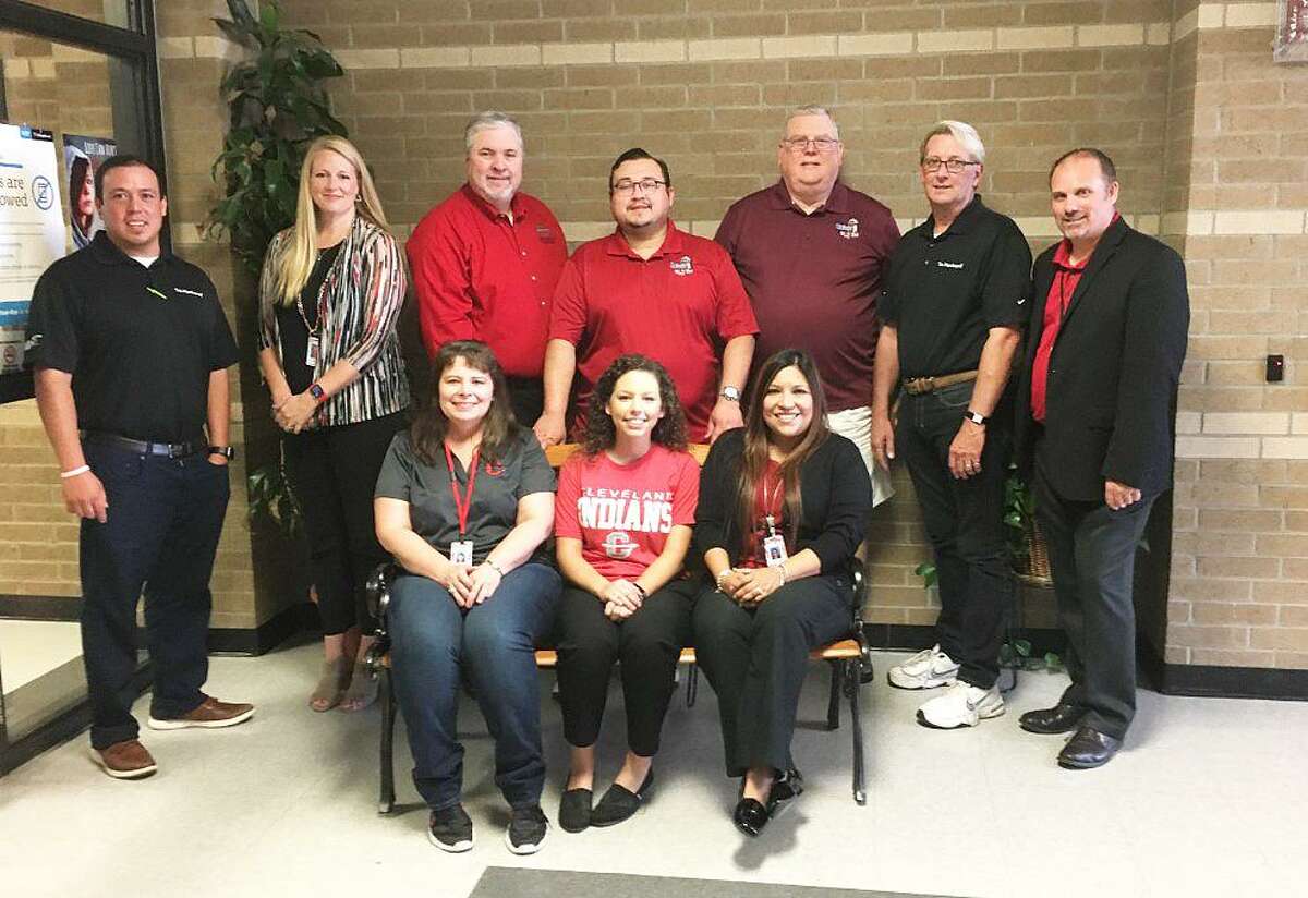 Administrators and community supporters joined Alicia Vanek in celebrating her being named the Cleveland ISD Teacher of the Week. From left standing, Caleb Flores with DeMontrond Ford, CHS Administrator Dr. Kristy Dietrich, CISD Superintendent of Schools Chris Trotter, Waldo Rodas and Jeff McClain with KORG-LP 95.3 Radio, Bruce Martin with DeMontrond Ford, and CISD Asst. Superintendent of HR Dr. Nathan Boughton. Seated from left, CISD CFO Karen Billingsley, CISD Teacher of the Week Alicia Vanek, and CISD Asst. Superintendent Curriculum and Instruction Maria Silva. The award is sponsored by KORG-LP 95.3 Radio, DeMontrond Ford, Health Center of Southeast Texas, El Burrito, and Easy Street Florist.