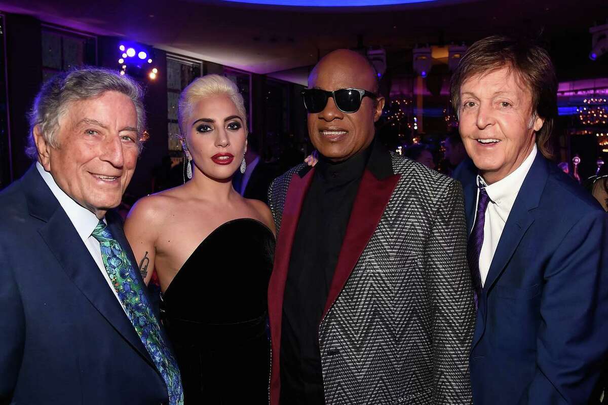 Tony Bennett, at left, at his 90th birthday in New York City with Lady Gaga, Stevie Wonder and Sir Paul McCartney.