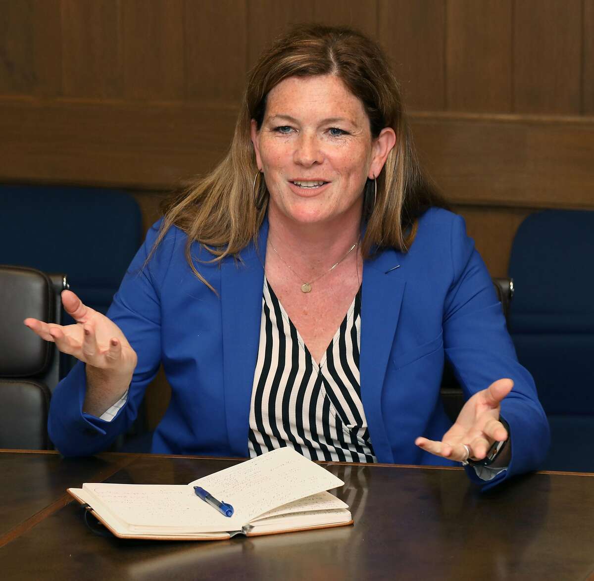 Candidate for district attorney Suzy Loftus comes to an editorial board meeting at the San Francisco Chronicle on Wednesday, September 25, 2019, in San Francisco, Calif.