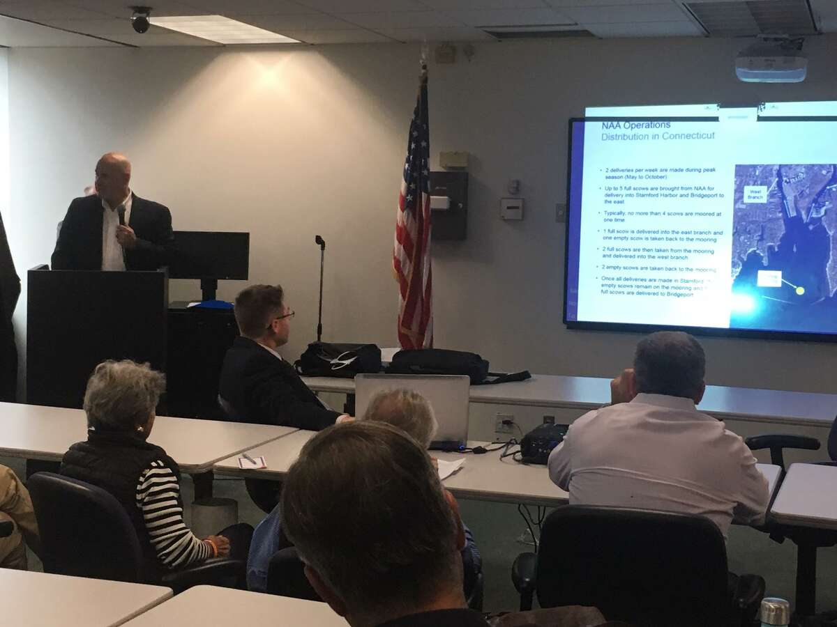More than 100 people came to an informational meeting on a commercial mooring application, proposed to be sited on the Stamford and Greenwich shoreline.