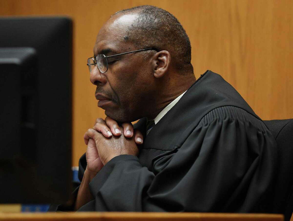 Superior Court Judge Barry Stevens closed his eyes in thought while listening to recent arguments on the Bridgeport mayoral primary. The trial continued on Monday.