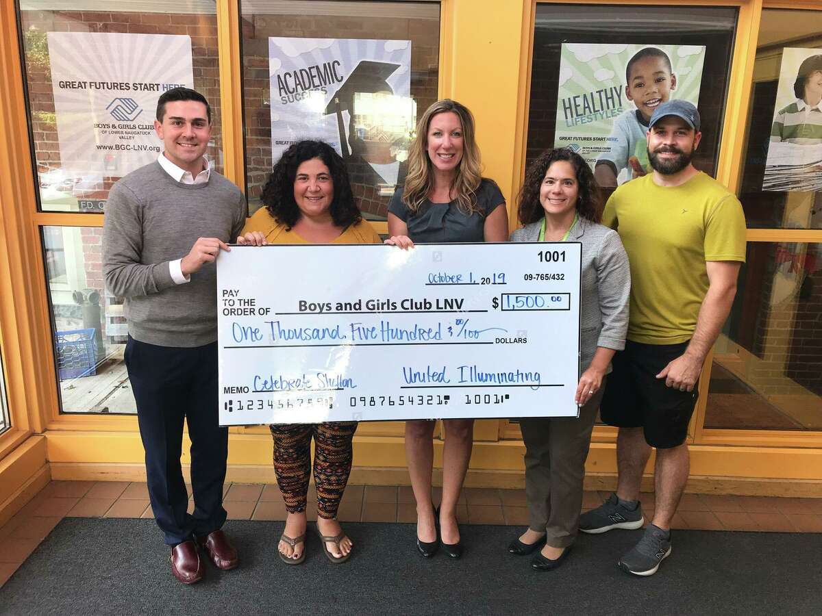 Jimmy Tickey, left, Nicole Mikuka and Michael Skrtic of Celebrate Shelton along with Eileen Lopez-Cordone of United Illuminating presented a check for $1,500 to Boys & Girls Club of the Lower Naugatuck Valley. Boys & Girls Club of the Lower Naugatuck Valley President Shaye Roscoe accepted the check.