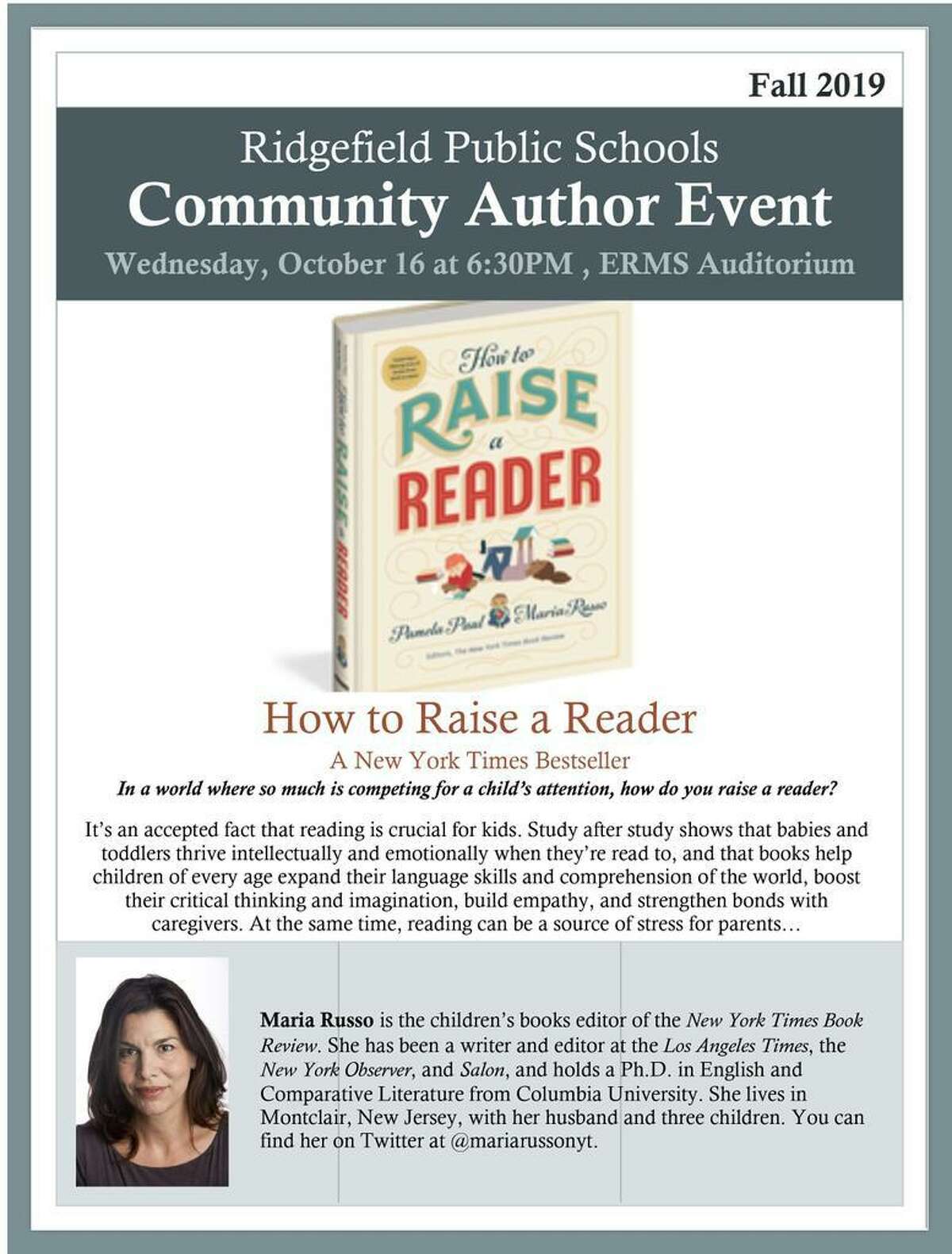 Ridgefield Public Schools will present author Dr. Maria Russo who will discuss her new book, How to Raise a Reader on Wednesday, Oct. 16.