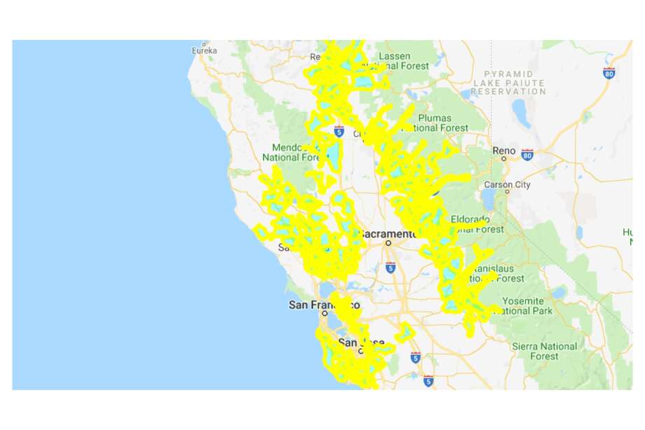 A wide view of the map shows much of Northern California will have its power shut off starting late Tuesday night. (Continue clicking or swiping through the gallery for a closer look.) Photo: Screenshot / PG&E