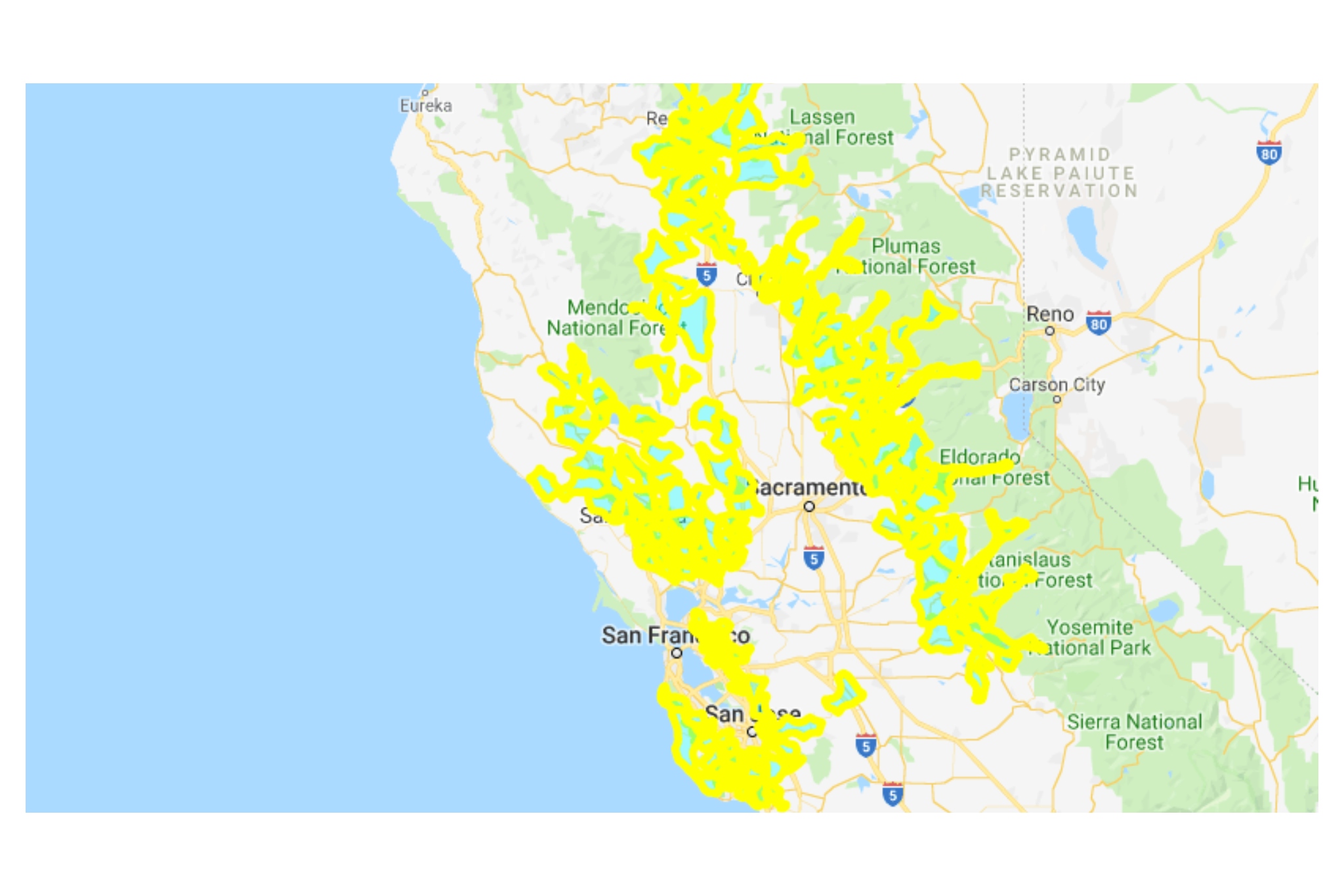 地图显示受 PG&E 断电影响的社区