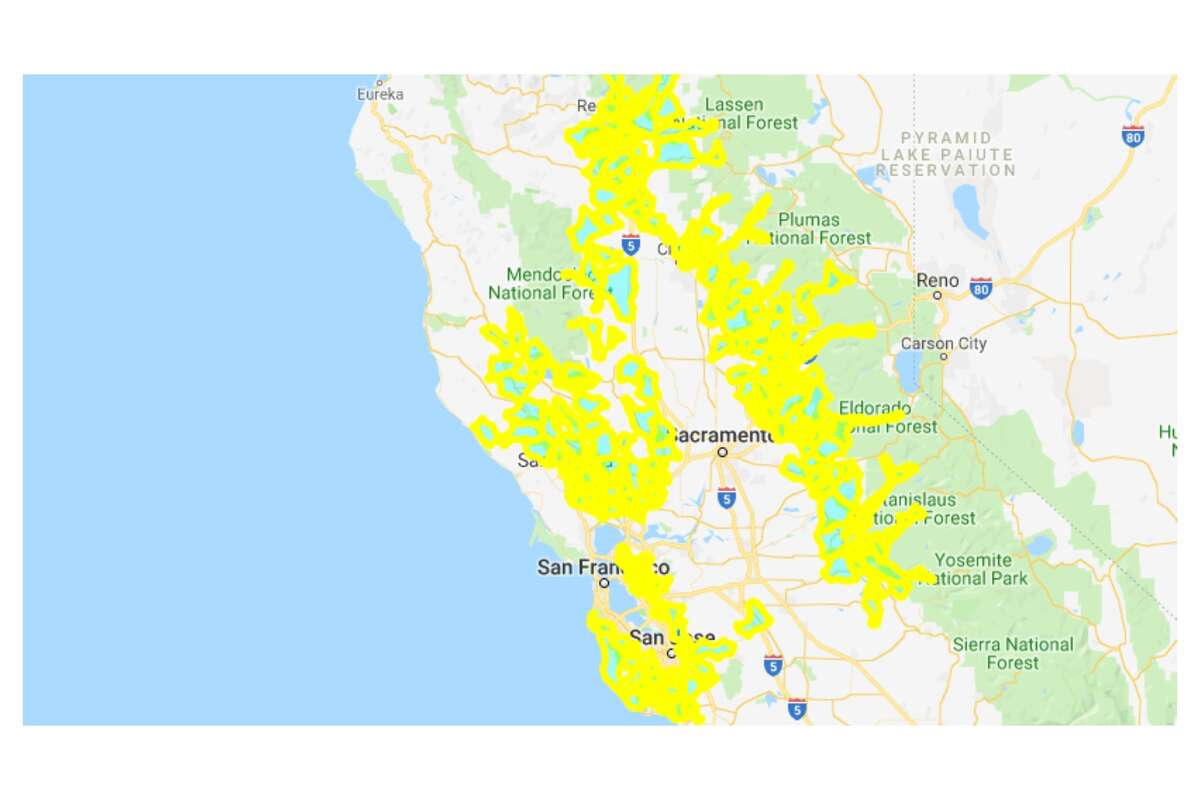 A wide view of the map shows much of Northern California will have its power shut off starting late Tuesday night. (Continue clicking or swiping through the gallery for a closer look.)