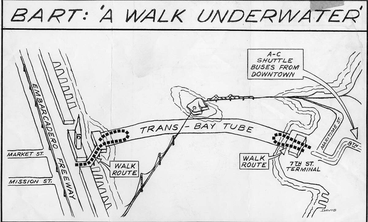 A Chronicle illustration of the BART tube walks, with starting points at each end of the tube, November 9, 1969