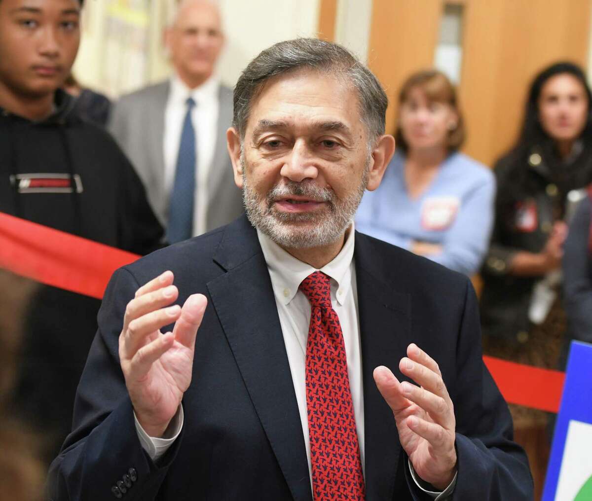 GHS Interim Headmaster Ralph Mayo speaks at the ribbon-cutting of the new Education & Wellness Center wing at Greenwich High School in Greenwich, Conn. Tuesday, Oct. 8, 2019. The Center addresses the complex emotional, academic and behavioral issues of students in a therapeutic and structured setting to support positive mental health and academics.