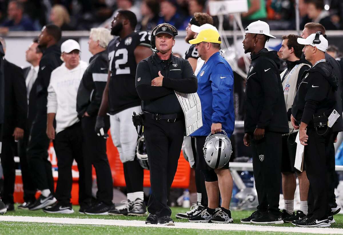 LONDON, ENGLAND - OCTOBER 06: Jon Gruden, Head Coach of Oakland Raiders looks on during the game between Chicago Bears and Oakland Raiders at Tottenham Hotspur Stadium on October 06, 2019 in London, England. (Photo by Naomi Baker/Getty Images)