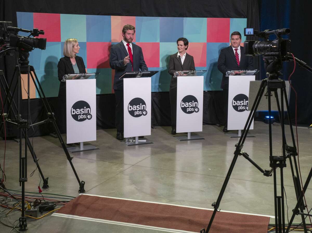 Midland City Council district 3 candidates, from left, Robin Poole, Jack Ladd Jr., Kathryn Chandler and EJ Baldridge answer questions 10/08/19 evening during a debate at the Basin PBS studio. Tim Fischer/Reporter-Telegram