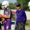 Coach Art Briles runs a practice at Mount Vernon High School, Monday, Aug. 5, 2019, in Mount Vernon, Texas. Briles was back at his roots Monday, coaching a high school football team in Texas after a season in Italy and more than three years after the two-time Big 12 champion coach was fired by Baylor in the wake of a sexual assault scandal. (AP Photo/Tony Gutierrez)