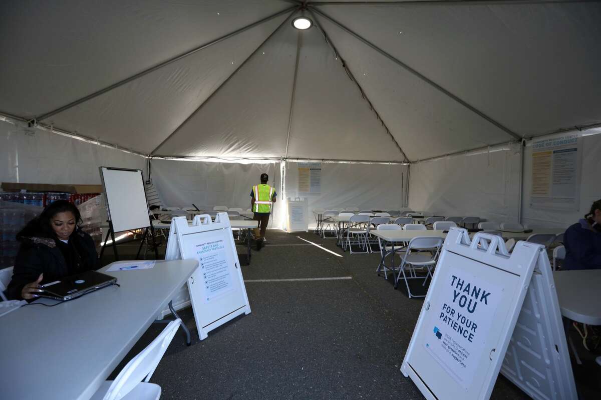 A community resource center being setup in preparation for planned PG&E power shutoffs in Oakland, Calif. on Wednesday, Oct. 9, 2019.
