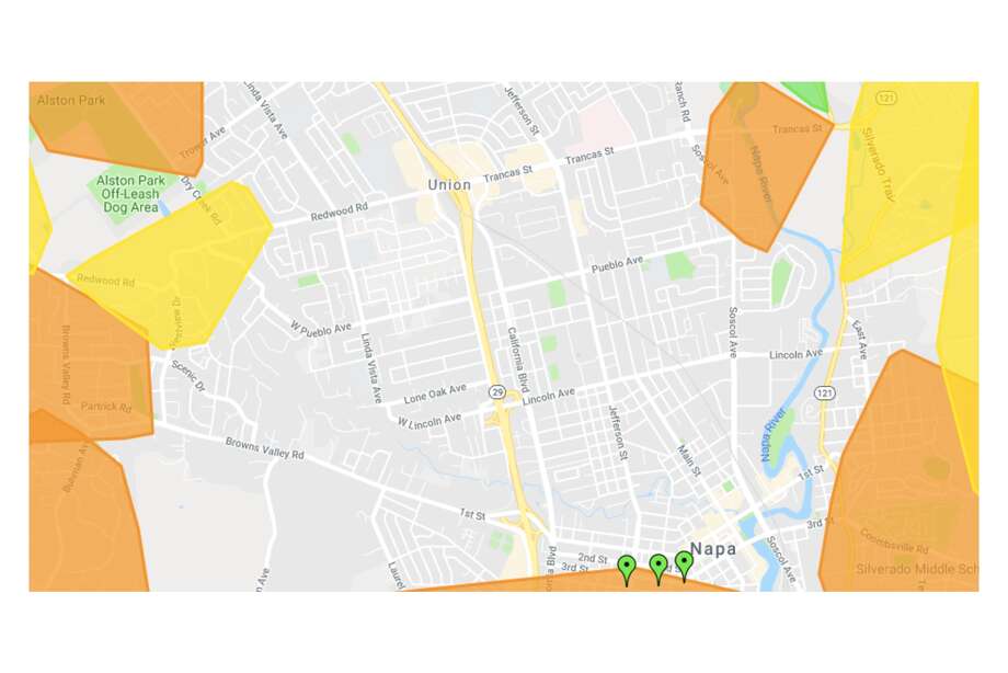 While Napa was covered with outages, the unincorporated community of Union (north on Highway 29 from downtown Napa) appeared to be unaffected. Photo: Screenshot / PG&E