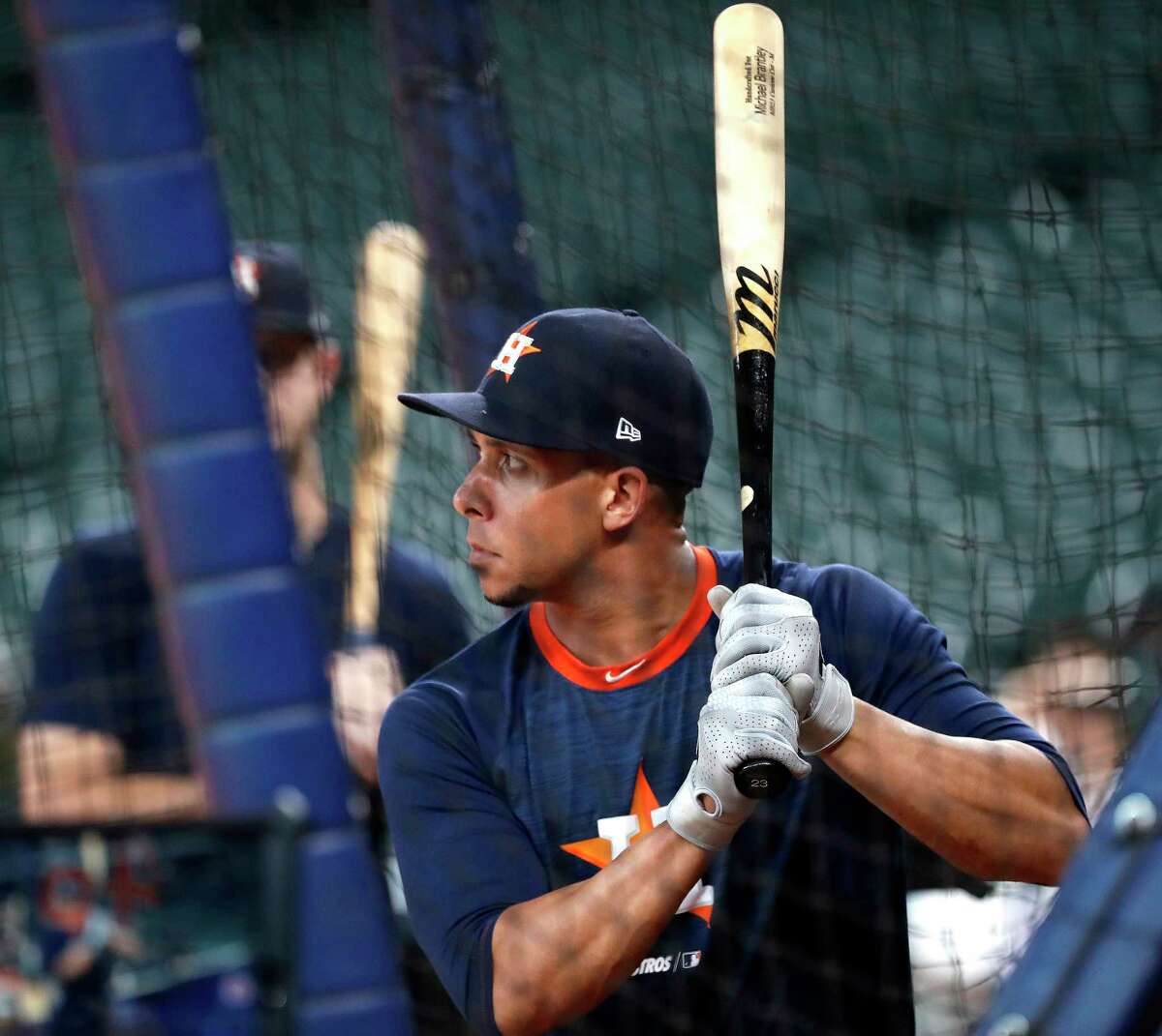 Houston Astros Michael Brantley takes batting practice during optional workouts at Minute Maid Park, Wednesday, Oct. 9, 2019, in Houston.
