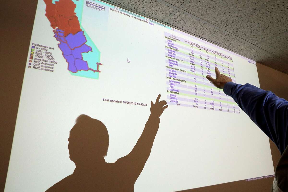 PG&E Communications Representative Mark Mesesan points out current outtages (both PSPS and other) on a screen projection at PG&E's Emergency Operations Center in San Francisco, Calif., on Wednesday, October 9, 2019. The utility’s personnel there manage the public safety power shutoffs, which began last night and will continue throughout the day today as the Diablo winds begin to rise.