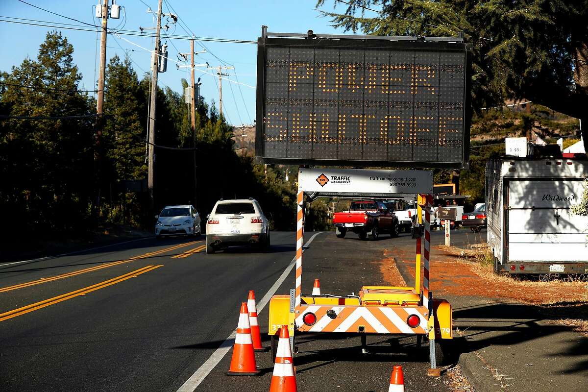 Traffic sign on Monticello Road notifying of PG&E power shutoff In Napa, Calif., on Wednesday, October 9, 2019.