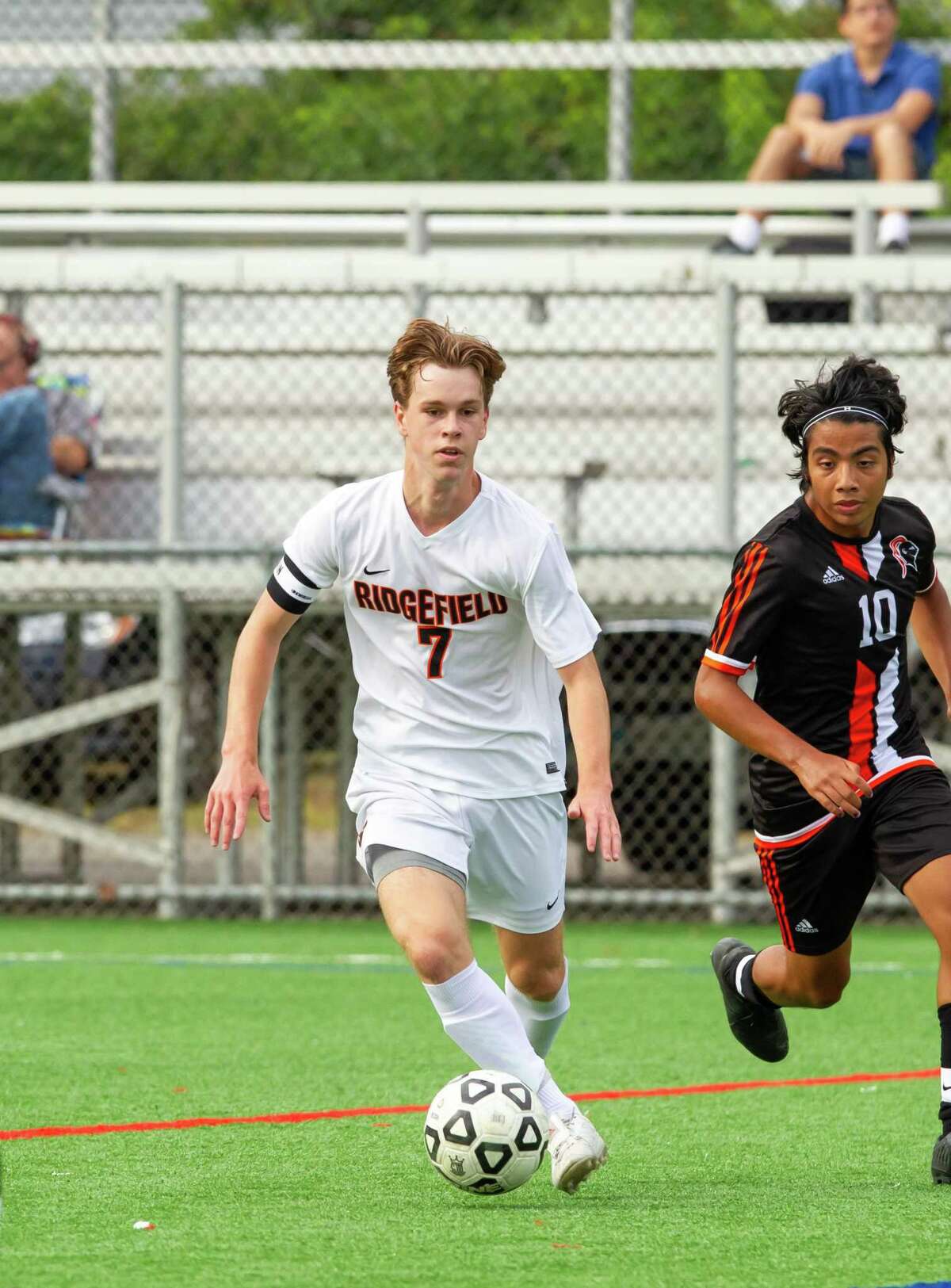 Riley Gousse controls the ball during a Ridgefield game this season.