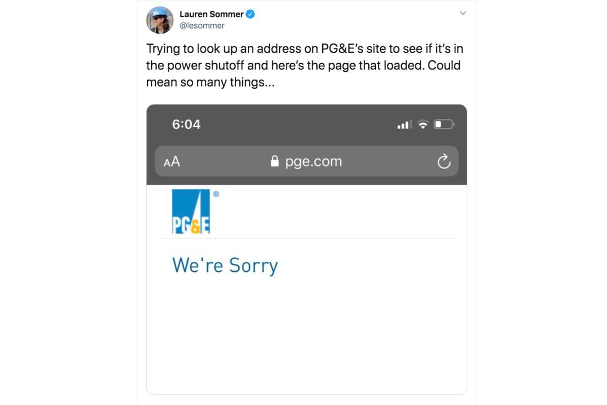 PG&E's site kept crashing throughout the public safety shut-off on Oct. 8-9, 2019.