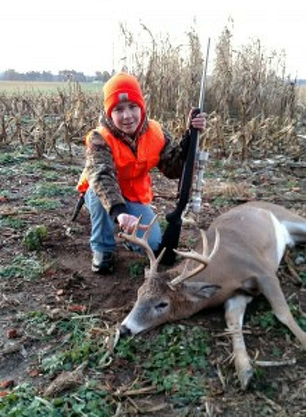 REED CITY — Another deer season has ended, but successful hunters will have fond memories for quite some time. That includes Scott Harris, 41, of Reed City, who was a successful hunter way back on opening day, Nov. 15.Harris shot an 8-point buck with his .270 Ruger. He didn’t realize ahead of time this particular buck was out there.“Me and some friends who had been watching the property knew there were some nice ones out there,” he said. “A friend of mine sitting on neighboring property to the east of me, I heard him shoot three times until I was paying attention in that direction. I saw some does walking across an edge of a hayfield behind a cornstrip and I was scoping that way. My son was watching with binoculars. He saw some does.”Then the buck appeared.“We were looking through some standing corn and couldn’t tell,” Harris said. “He finally stepped out, looked at us and turned his head. We knew it was a decent one. I took the shot and he dropped in his tracks.”Harris said his shot was from about 250 yards. He hit the deer right behind the shoulder.“That’s probably the best buck I’ve ever shot,” he said. “I think with the law changing here a little bit with the public shooting the larger deer, it’s helping the quality of the deer if people are passing on the little spike and four-pointers. This deer wasn’t overly huge, body wise, but he has a nice rack.“My buddy, he shot one with a bow that was a 10-point probably a mile and a half from there, but his body mass was just unbelievable. That 10-pointer we had never seen. But with the deer management and restrictions on the antlers, that’s helping the quality of the deer.”