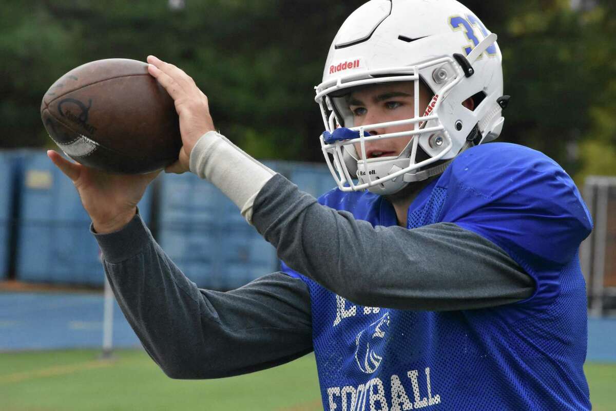 Newtown’s Jared Dunn warms up at practice at Blue and Gold Stadium, Sandy Hook, on Tuesday, Oct. 8, 2019. (Pete Paguaga, Hearst Connecticut Media)