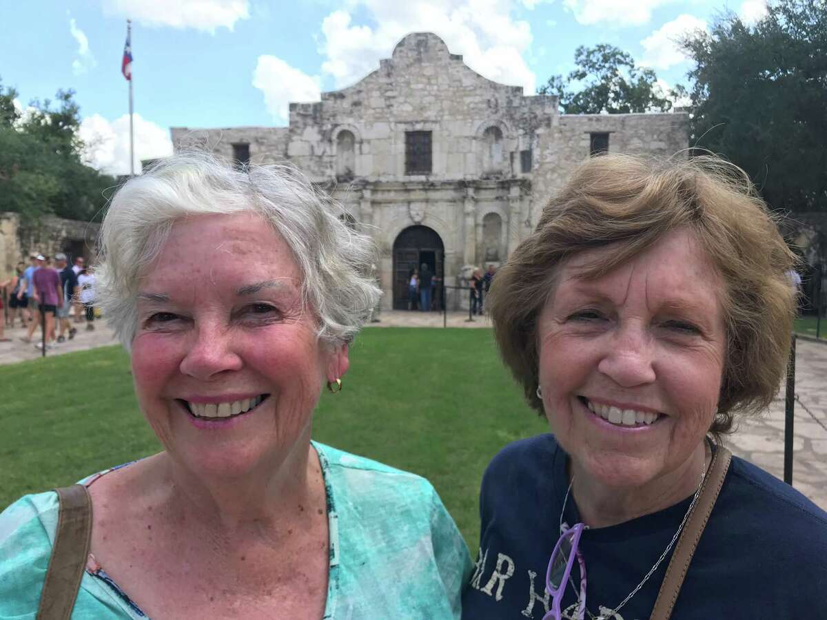 Judy Midgley and Barbara Cutler at the Alamo in San Antonio. They two have been pen pals for 60 years and they took a trip across the West with their husbands.