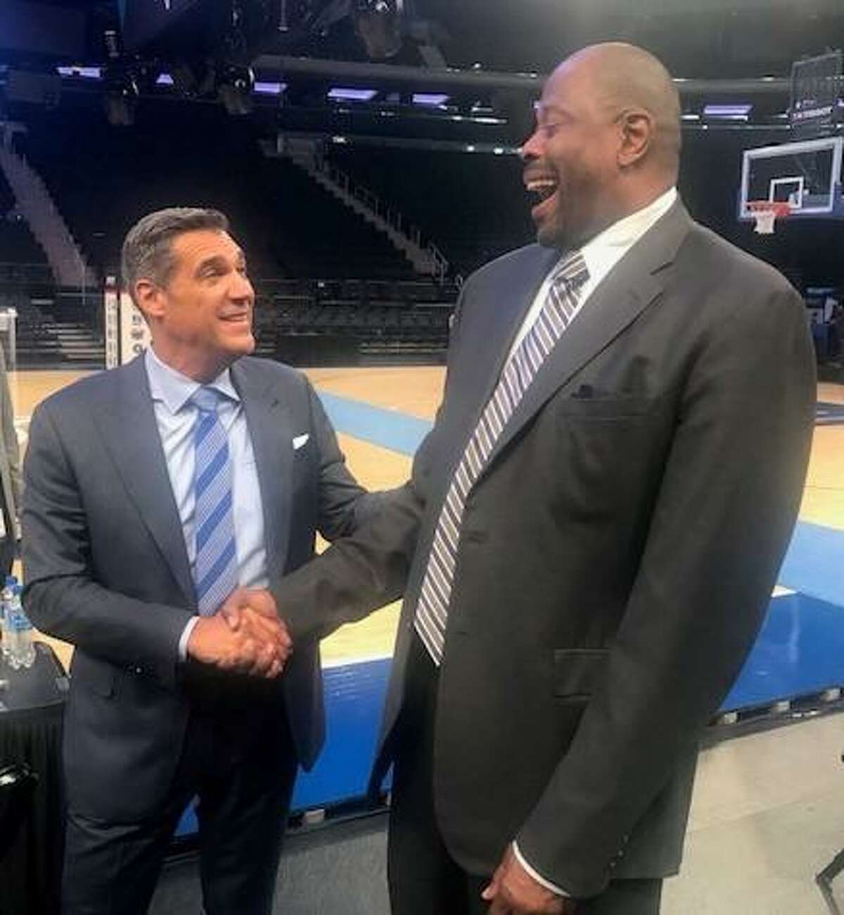 Villanova coach Jay Wright (left) shares a laugh with Georgetown coach Patrick Ewing at Big East Media Day on Thursday at Madison Square Garden.