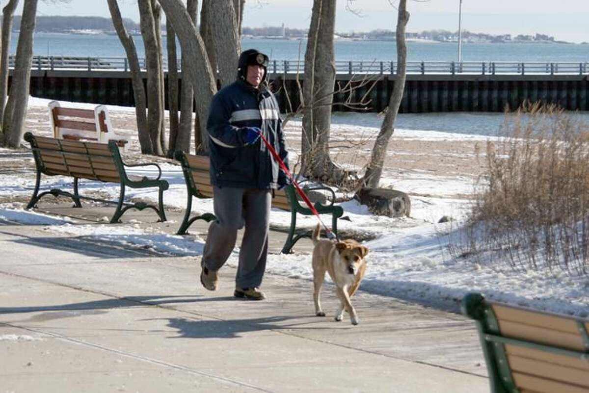 Photo by Bridget Albert - WEST HAVEN - Anthony Mazzonna and his canine pal Rudy brave the frigid temperatures for a walk along Savin Rock Boardwalk.