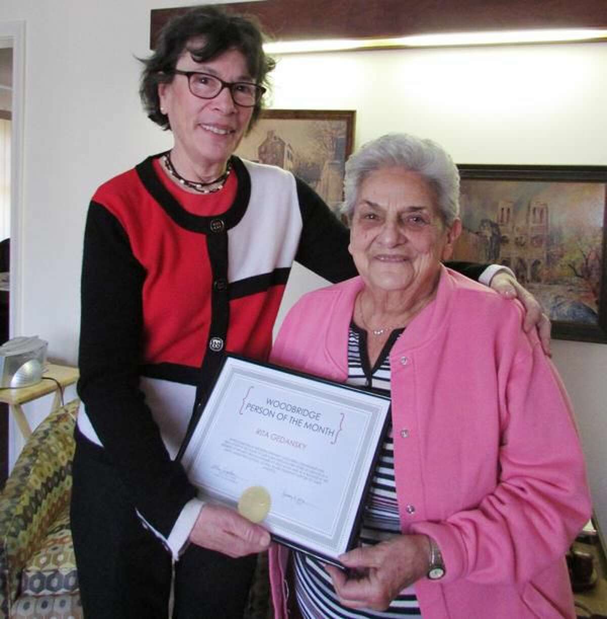Submitted Photo First Selectman Ellen Scalettar presents Rita Gedansky with Woodbridge’s Person of the Month certificate.