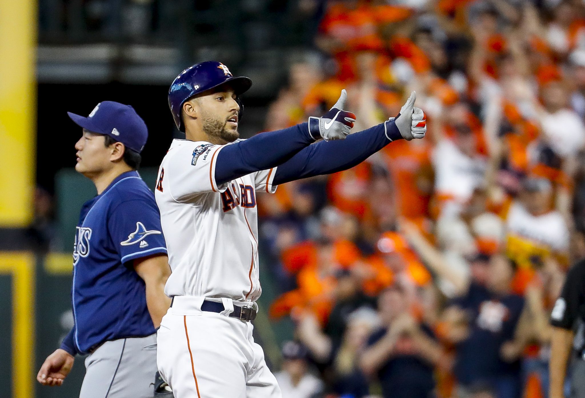 Ji-Man Choi and Willy Adames joked after Choi picked up an RBI on a hit by  pitch