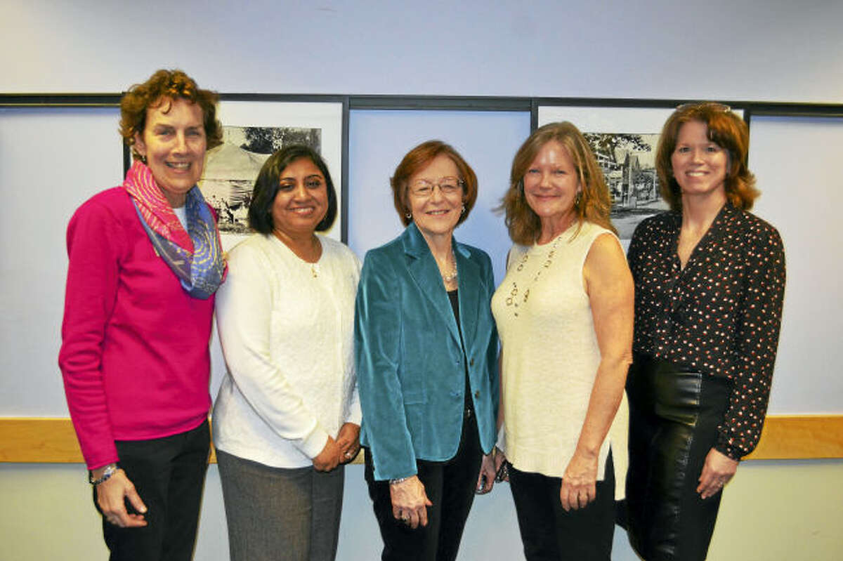 Christine Angeli, director of the Milford Library, right, recently posed with the Friends of the Milford Library’s officers, from left, Amy Bringardner, vice president membership; Karuna Kasbawala, assistant treasurer; Cathy Goldbach, treasurer; and Anne Bolin, president