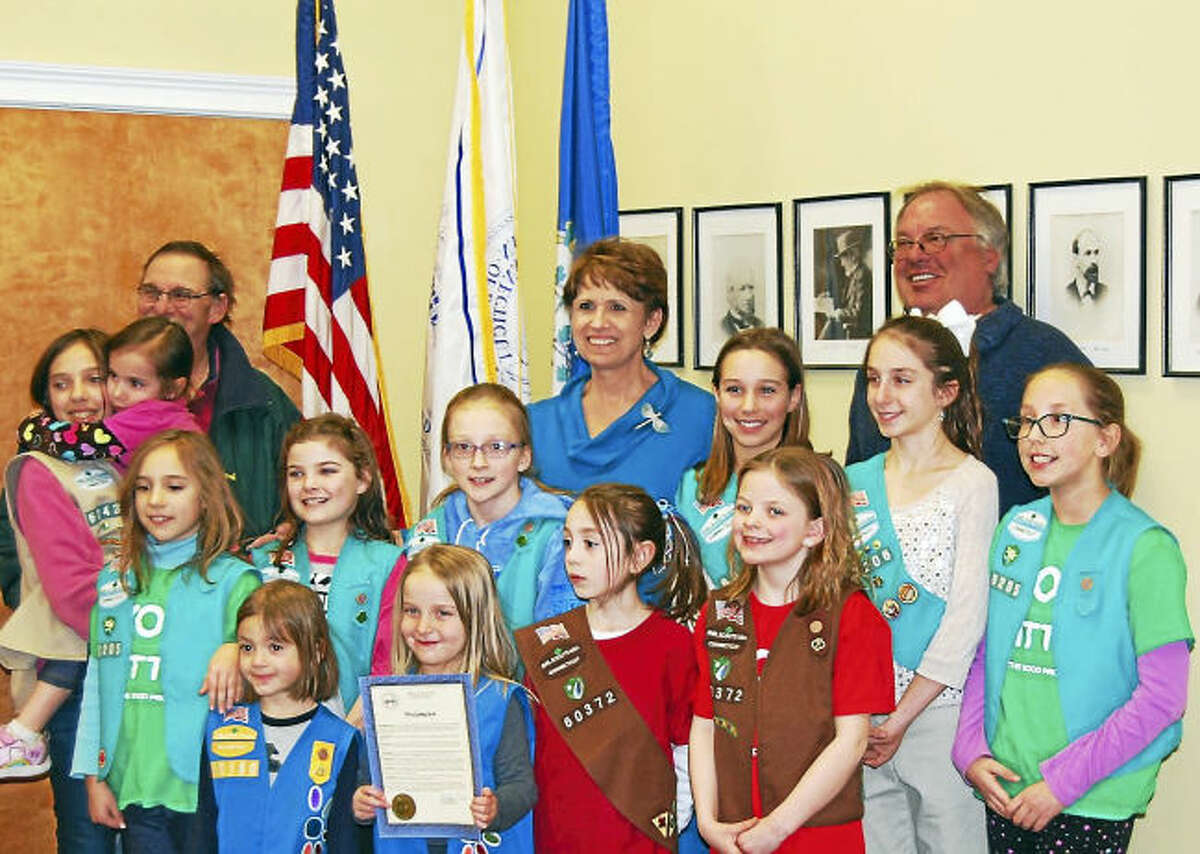 Bethany Girl Scouts, with First Selectman Derrylyn Gorski and Selectmen Clark Hurlburt, left, and Don Shea.