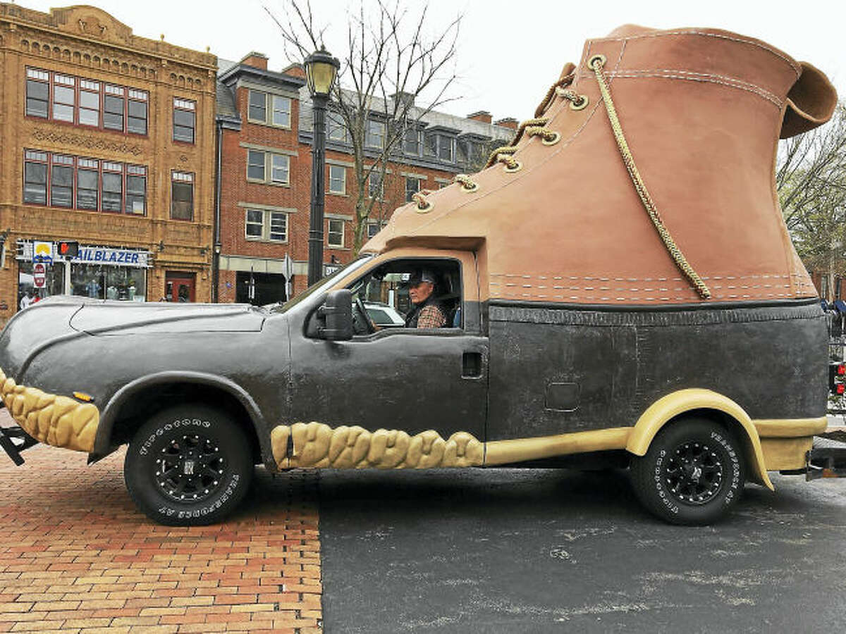 Keith Smith of L.L.Bean backs the bootmobile onto Broadway island in New Haven.