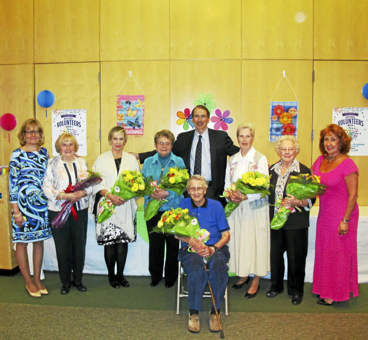 Nearly 190 volunteers were honored at Milford Hospital’s annual appreciation dinner. From left, Karen Kipfer, director of community relations; Patricia Cucuzza, 500 hours of service; Suzanne Beliveau, 45 years; Karin May, 45 years; Dr. Lloyd Friedman, COO; Sharon Sabo; 45 years; Patricia Damon, 40 years; and Christine Brown, volunteer coordinator. Missing: Penny Oliver, 50 years.