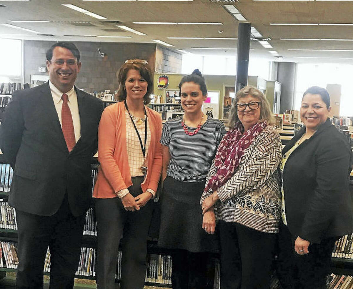 From left, Mayor Benjamin G. Blake, Library Director Christine Angeli, Nicole Greco, Assistant Library Director Nancy Abbey and HR Director Tania Barnes.