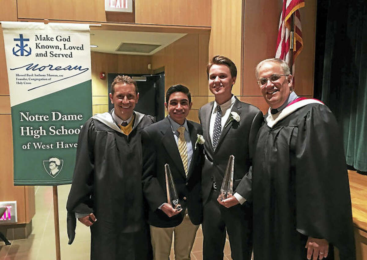 From left, Notre Dame President Robert F. Curis, salutatorian Samarth Kasbawala, valedictorian Zachary Bilcheck, and Assistant Principal for Academic Affairs Joe Ramirez pose for a picture following Honors Night May 11.