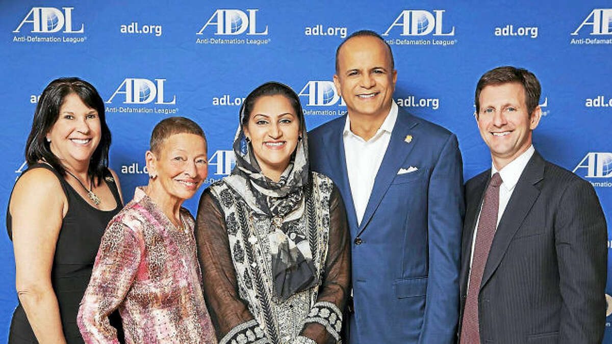 From left, ADL regional board Chairwoman Robyn Teplitzky, Lindy Lee Gold, Asma Farid, Tariq Farid and ADL Connecticut Director Steve Ginsburg.
